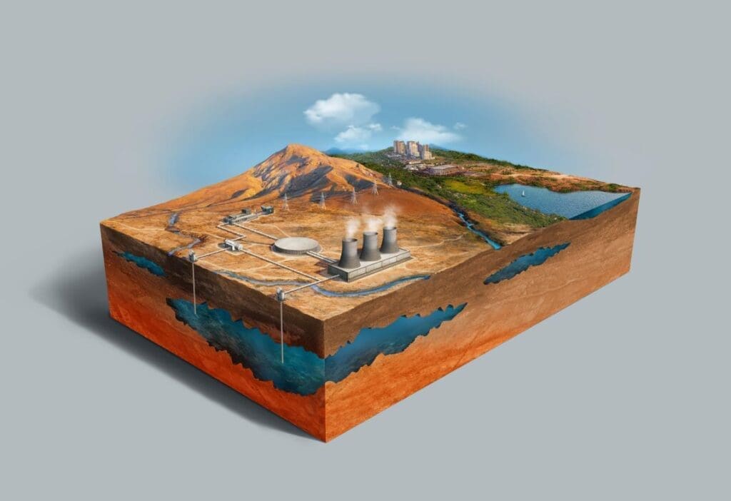 Energy revolution beneath our feet High angle of model for renewable energy with geothermal power