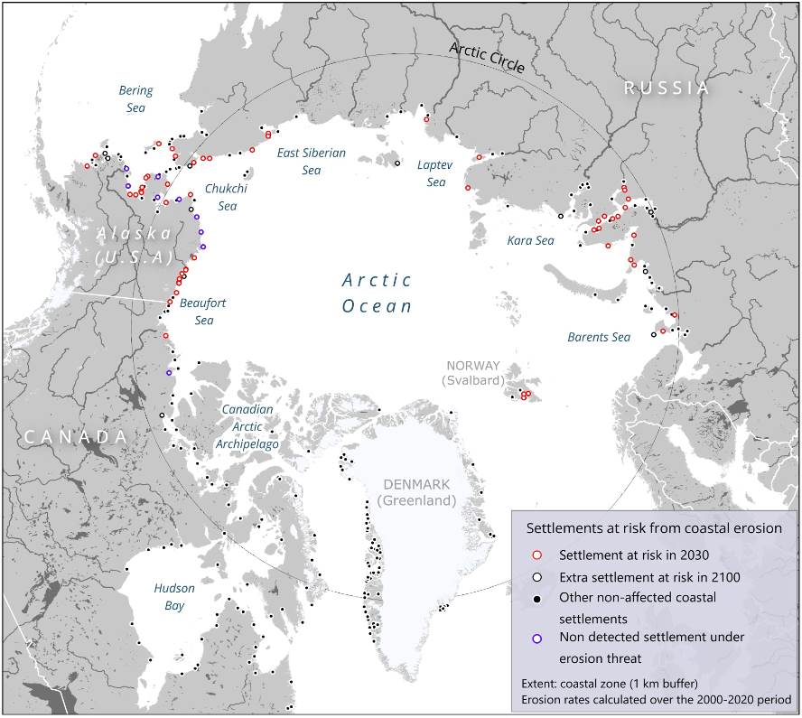 Image: Map - Red dots indicate settlements at risk of instability due to erosion as soon as 2030, according to the new Earth’s Future study. Black open dots indicate settlements that will be at risk by 2100 (s. Arctic, coastal communities)
