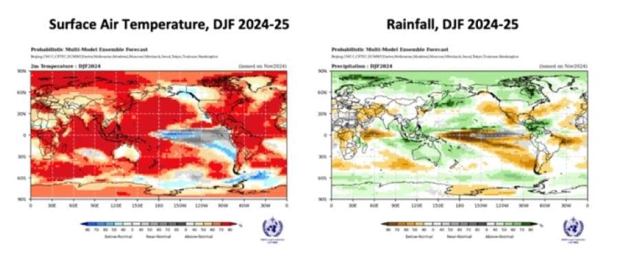 Image: Probabilistic forecasts of surface air temperature and rainfall for the season December-February 2024-25 