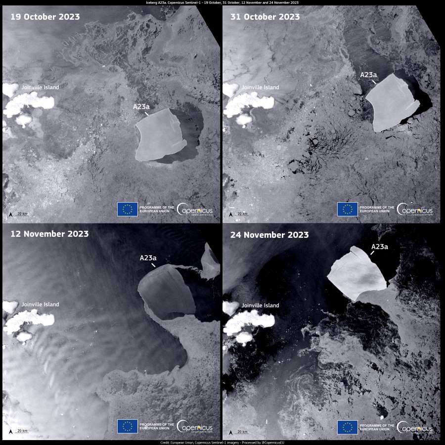 Satellite images: A23a is the largest iceberg in the world, covering almost 4,000 square kilometres and is 400 metres thick. It has been stuck on the Antarctic ocean floor for over 30 years but has recently started to move again and is now drifting towards the Southern Atlantic Ocean