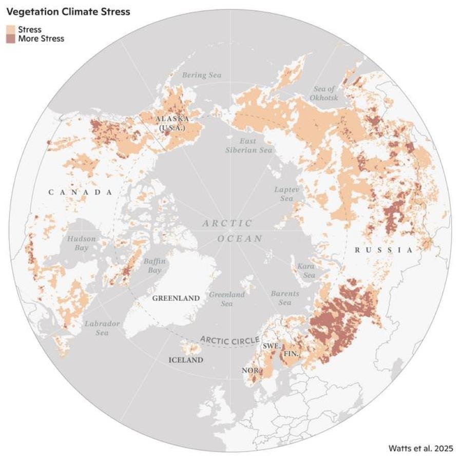 Map of areas that experienced vegetation climate stress in the Arctic-boreal region between 1997-2020 as detected by multiple variables from the satellite record