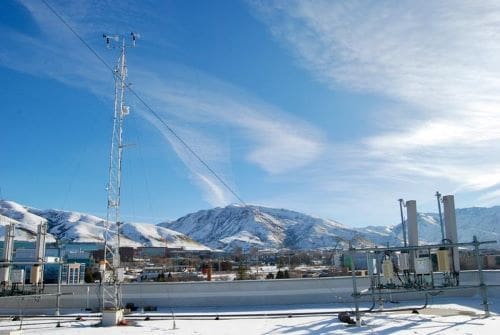 Rooftop atmospheric monitoring equipment on the Unviersity of Utah's Salt Lake City campus