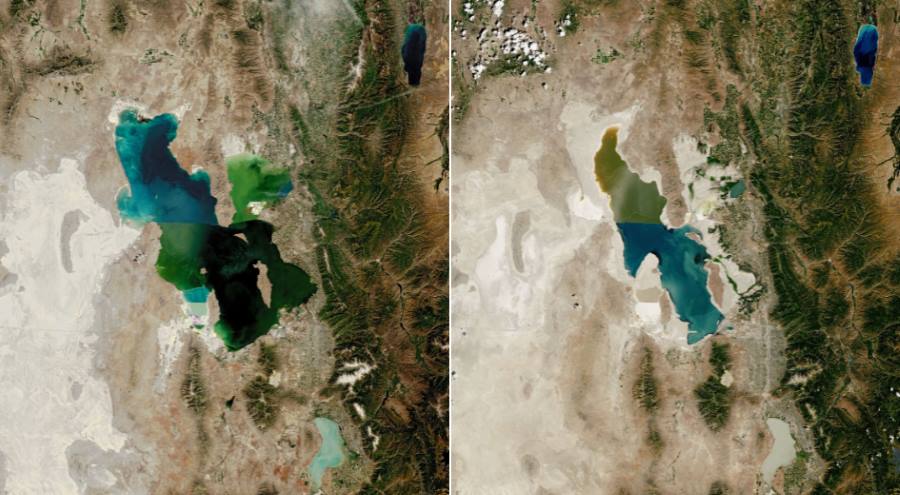 Satellite imagery: The Great Salt Lake in 1985, left, and in 2022 when it reached historic low levels. New research from Portland State is believed to be the first peer-reviewed study that quantifies the contributing factors to the record low water volume levels (v. climate science)