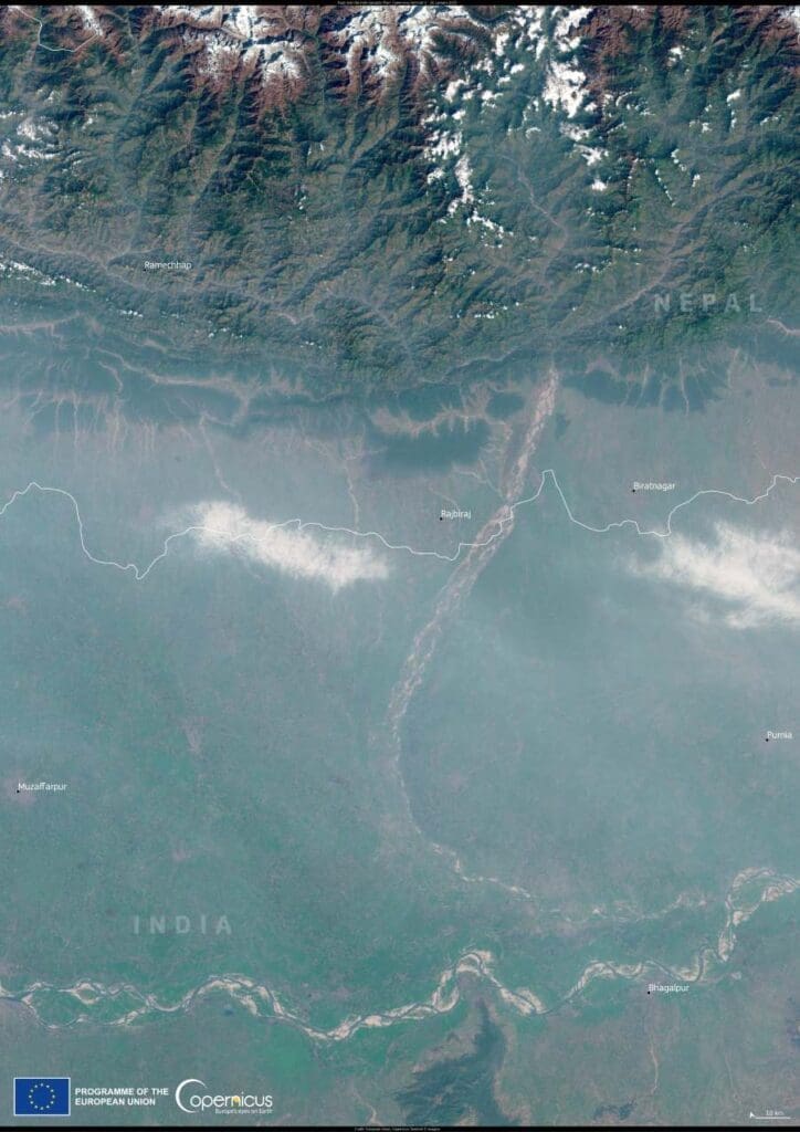 Satellite Image: This image of part of the Indo-Gangetic Plain shows haze in the area between the cities of Purnia and Muzaffarpur in the State of Bihar, Eastern India, and Ramechhap and Biratnagar in southern Nepal