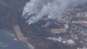 Aerial shot smoke rising from wooded hillside