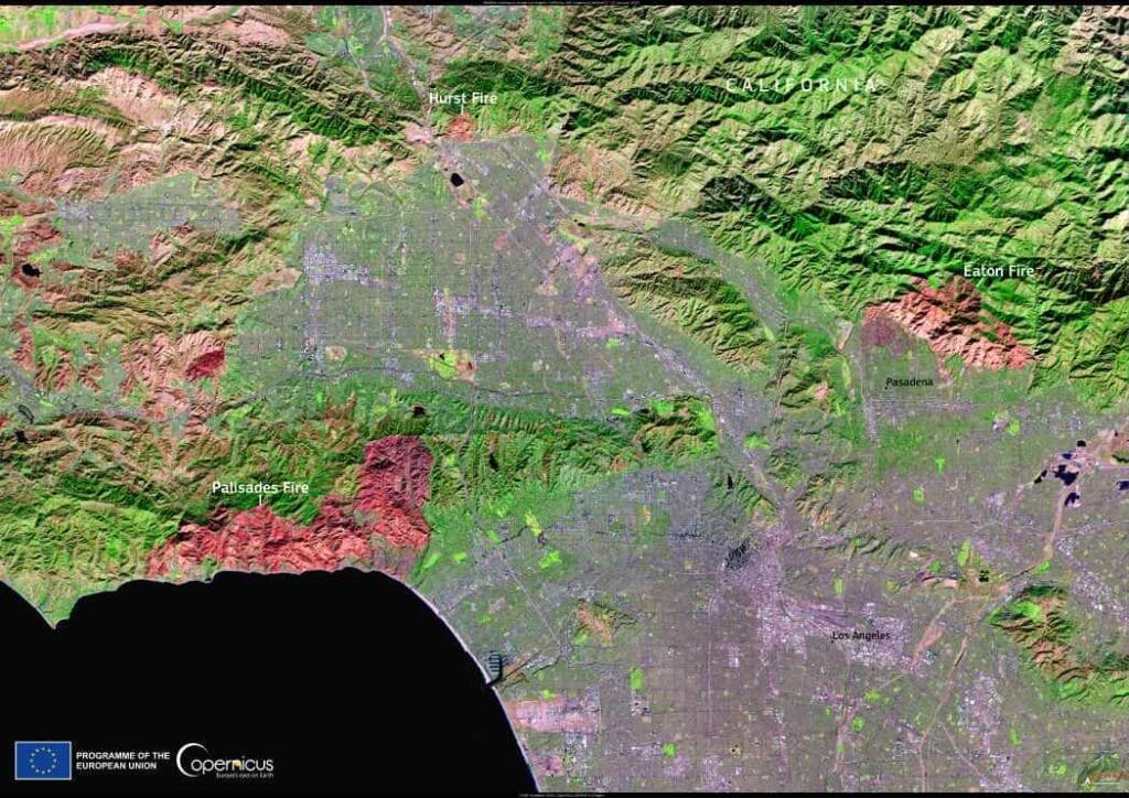 Satellite image: Los Angeles wildfires,  California, USA