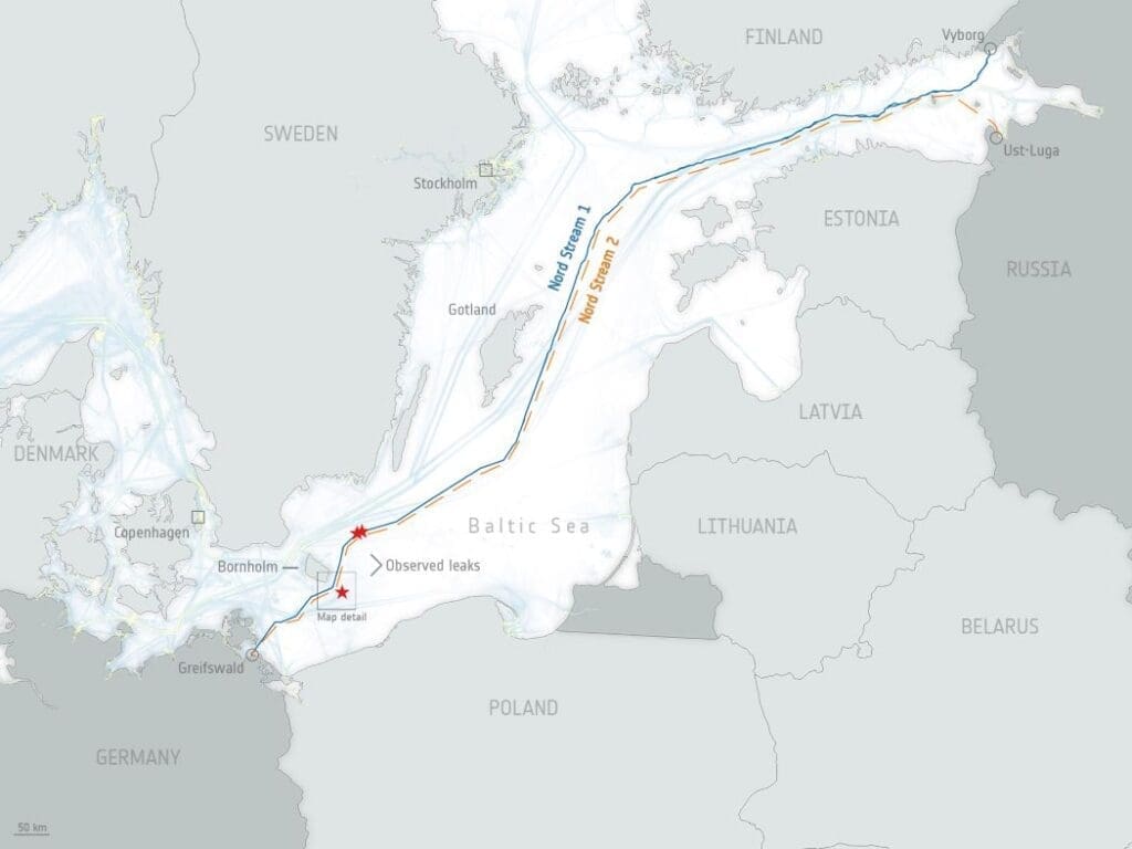 This map shows the pair of Nord Stream natural gas pipelines that runs under the Baltic Sea from Russia to Germany