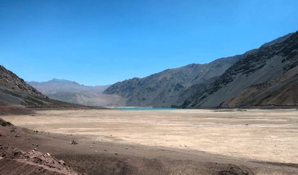 The Yeso reservoir in central Chile during a megadrought peak in Summer 2020