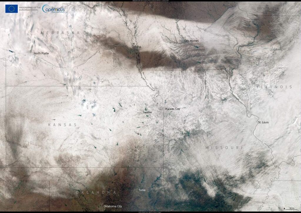 Winter storm blankets the Midwest, USA - satellite image