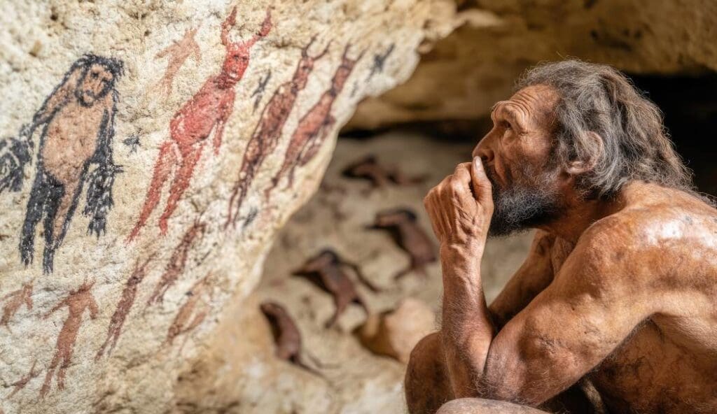 An AI reconstruction of Homo erectus - the first known human to walk fully upright looking at cave paintings