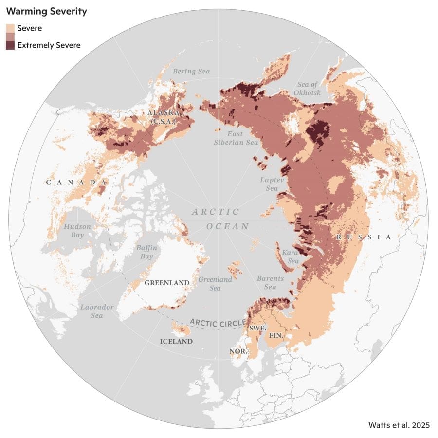 Map of areas that experienced ecosystem climate stress in the Arctic-boreal region between 1997-2020 as detected by multiple variables including satellite data and long-term temperature records
