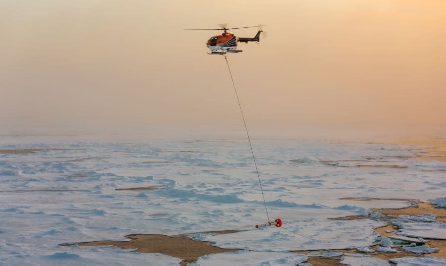 Instrument that is used to measure Arctic sea ice thickness and map pressure ridges, towed by a helicopter 15 meters above the ice surface