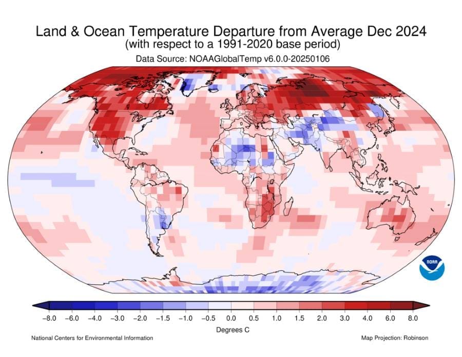 Map: December 2024 Blended Land and Sea Surface Temperature Anomalies in degrees Celsius