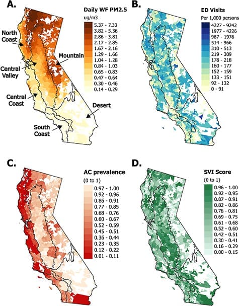 Graphic: Distribution of seasonal wildfire-specific PM2.5, rates of ED visits, AC prevalence, and SVI in California, May to November of 2012–2019  (climate)