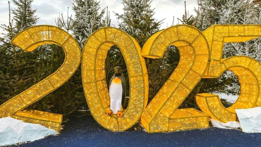 World greets 2025 after sweltering year of Olympics, turmoil, and Trump Image: Penguin standing in a sign of 2025
