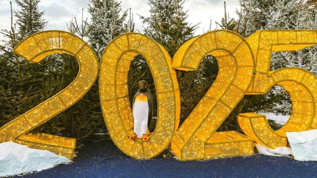 Penguin standing in a sign of 2025