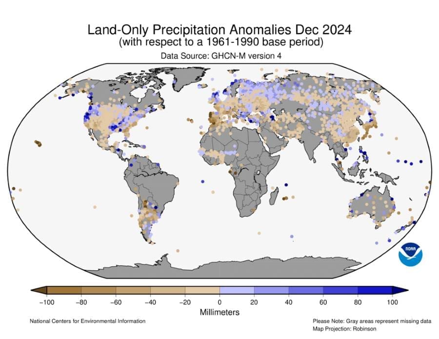 Global climate summary for December 2024 2 Map: Global Land Precipitation Anomalies, December 2024