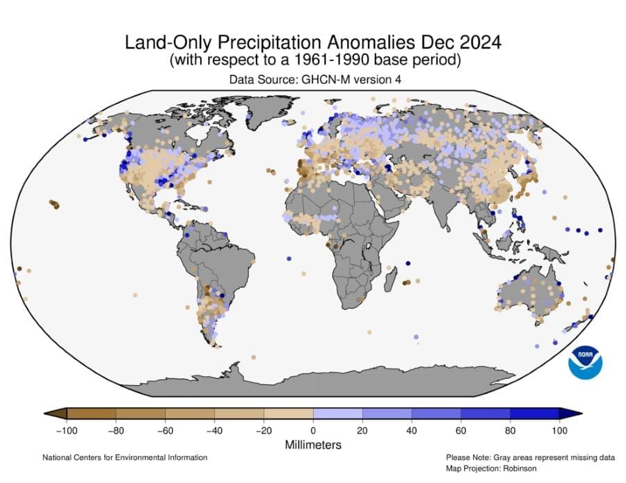 Map: Global Land Precipitation Anomalies, December 2024