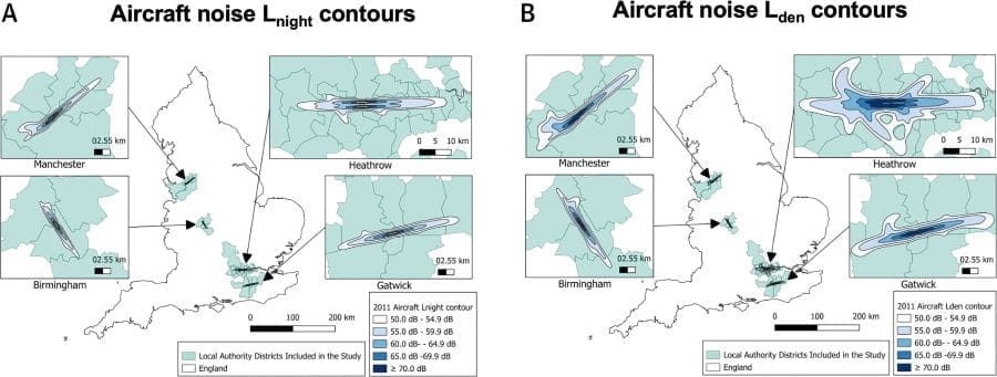Graphic: Aircraft Noise Contours Around the 4 UK Major International Airports. Aircraft noise exposure tied to increased heart risks, study shows