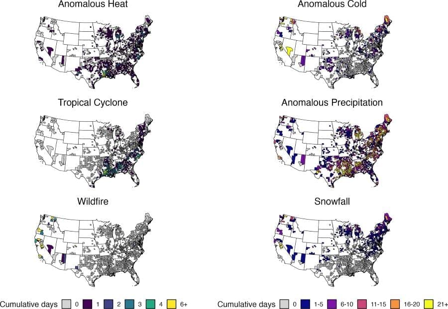 Graphic: Cumulative county-days of individual severe weather events co-occurring with an 8+ hour power outage from 2018–2020.