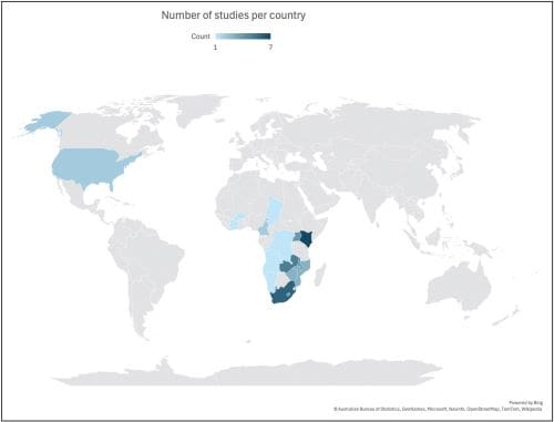Climate Science Digest: January 8, 2025 Map of countries included in this recent review on climate change, extreme weather events, and HIV.