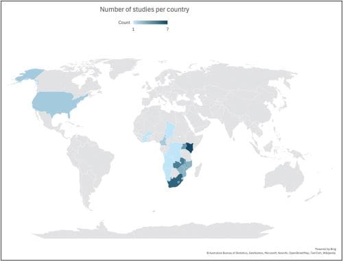 Map of countries included in this recent review on climate change, extreme weather events, and HIV.