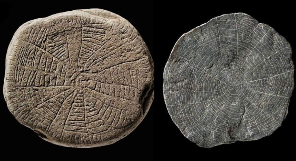 Two so-called 'sun stones', which are small flat shale pieces with finely incised patterns and sun motifs. They are known only from the island of Bornholm, in the Baltic Sea