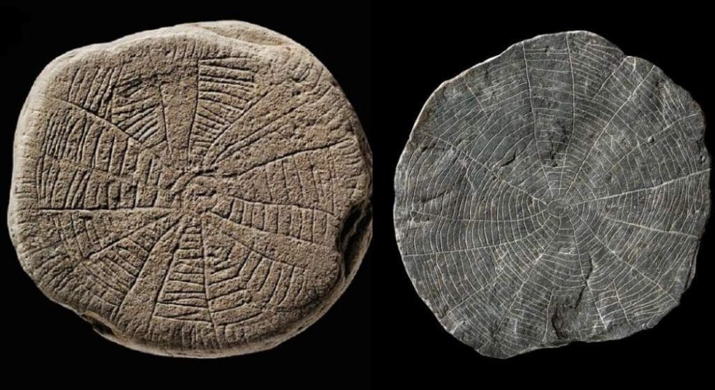 Two so-called sun stones, which are small flat shale pieces with finely incised patterns and sun motifs. They are known only from the island of Bornholm, in the Baltic Sea