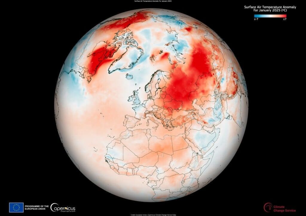 Image: Surface Air Temperature Anomaly for January 2025 (C) (s. new global warmth record)