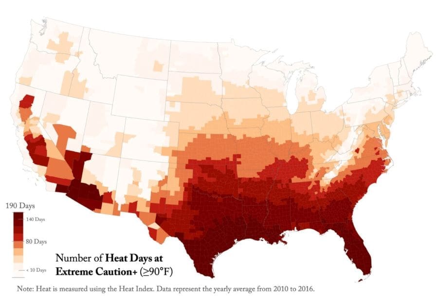 Extreme heat linked to faster biological aging in older adults Image: Number of Heat Days at Extreme Caution+ (≥90°F/≥32°C) across the U.S. (s. extreme heat, aging)