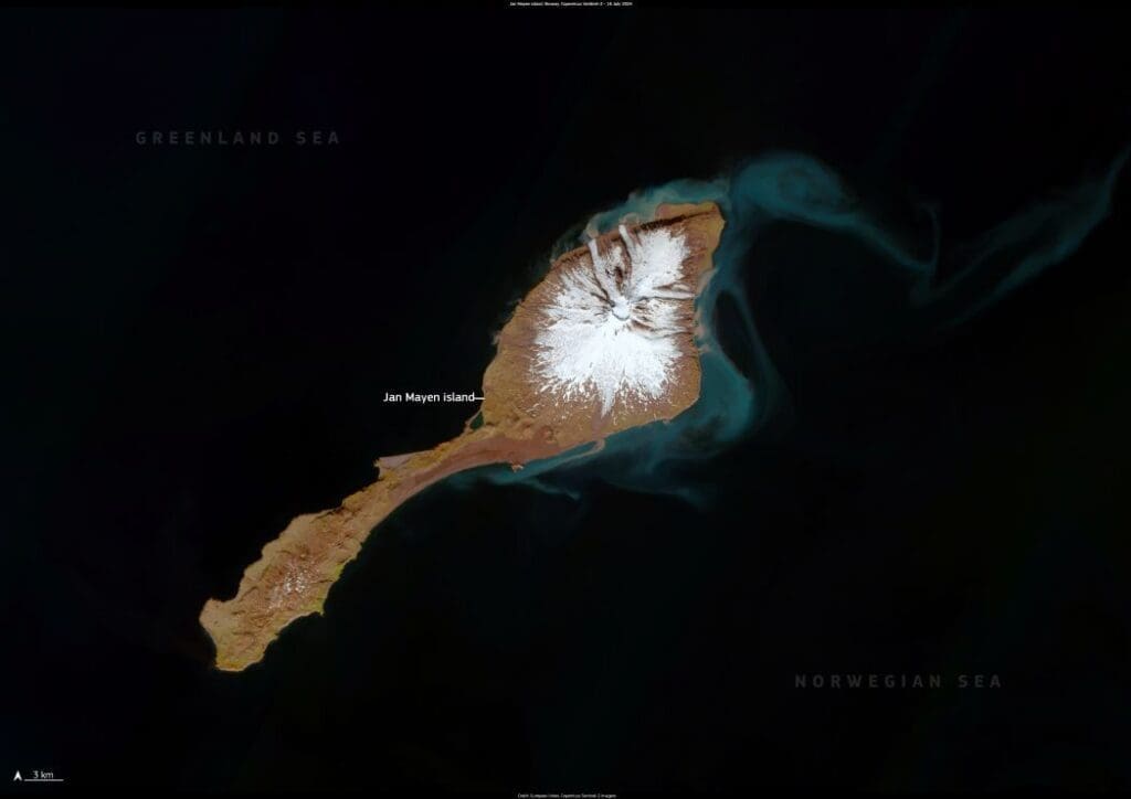 Satellite image: Jan Mayen island, Norway (s. climate change, wildlife, volcano)