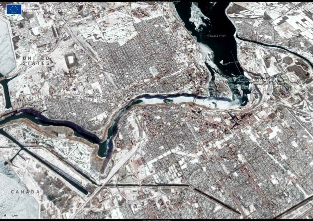 Satellite image: Niagara Falls partially frozen