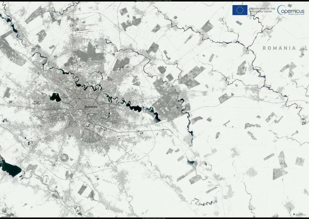 Satellite image: Bucharest, Romania (s. coldest week, snow,)