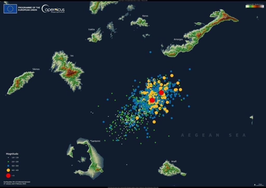 Satellite imagery and digital elevation model: Earthquakes, Seismic activity, Cyclades Islands, Greece