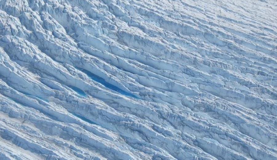 Aerial image: Photograph taken from a helicopter in 2006 of crevasse fields on Sermeq Kujalleq, Greenland