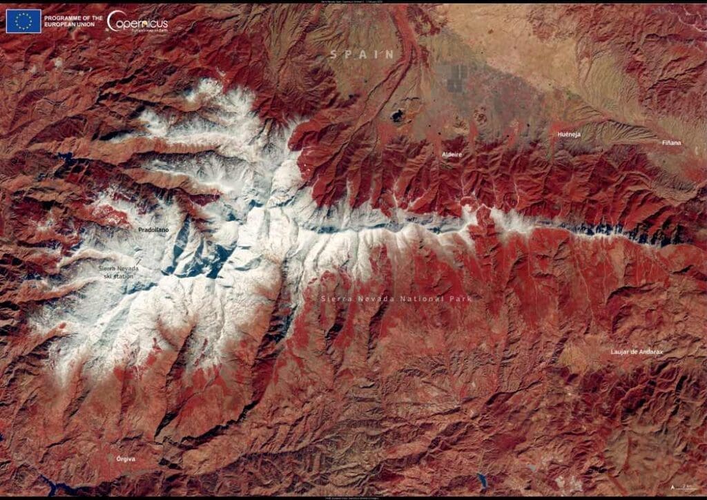 Satellite image: snowfall in Sierra Nevada region, Spain
