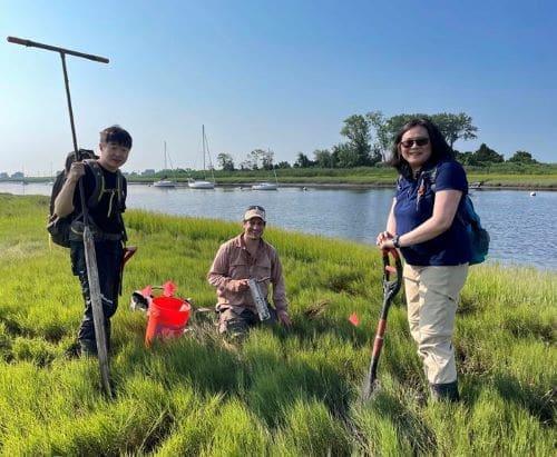 Image: Wenxius Teng (left), Brian Yellen (center), and Qian Yu (right) sample salt marsh sediments at East River Marsh in Guilford, Connecticut