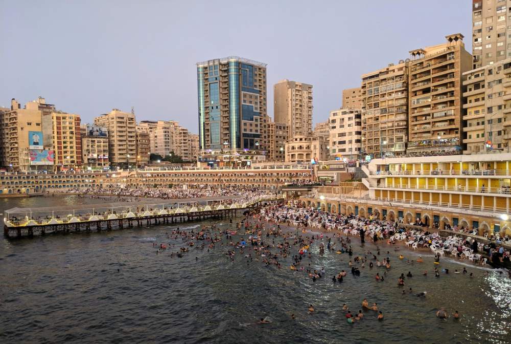 Image; Alexandria, Egypt. City Waterfront and People Bathing