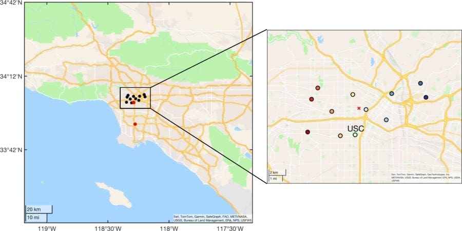 Image: Map of Los Angeles showing BEACO2N-LA node locations (black circles on the left and color coded on the right) and the two Los Angeles Megacity Carbon Project sites used for calibration (red circles)