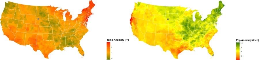 Image: Temperature (left map) and precipitation (right map) anomaly across US counties (s. climate, moral values)