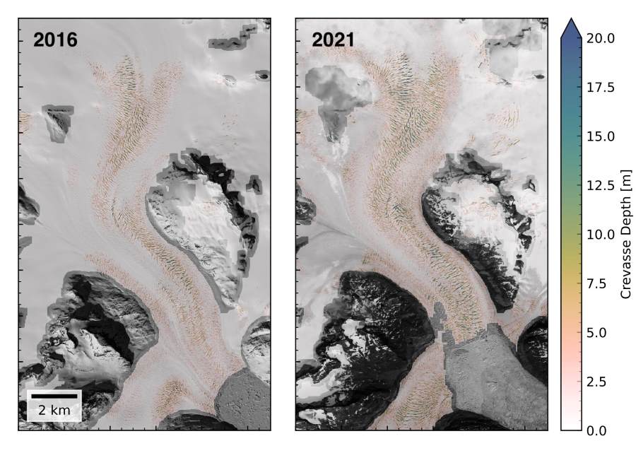 Satellite images map: The maps show how crevasses changed between 2016 and 2021 over glaciers at the head of Anorituup Kangerlua fjord, Greenland