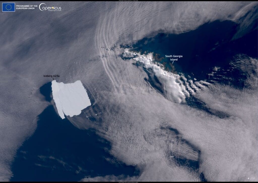 Satellite image: Massive iceberg A23a stalls near South Georgia Island (s. Antarctica)