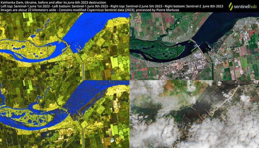 Satellite Images: Kakhovka Dam, Ukraine, before and after its June 6th 2023 destruction (s. environment, climate)