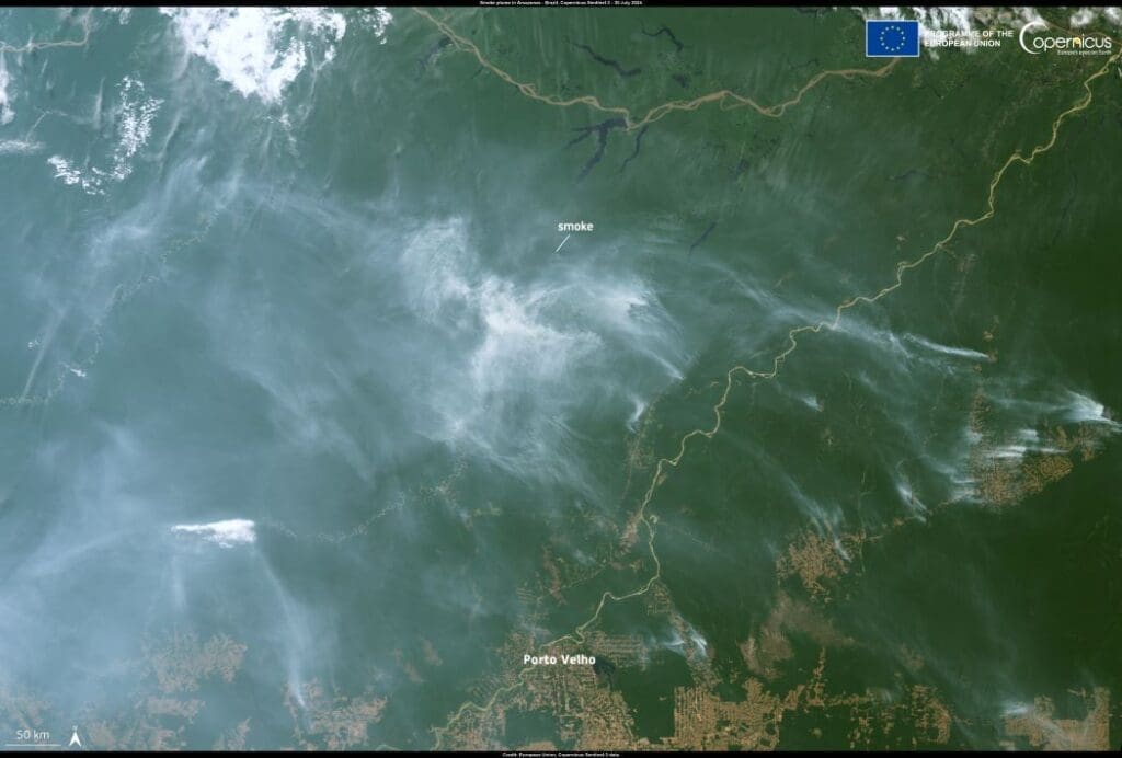 Satellite Image: Biomass burning in Brazil (s. wildfire detection, climate, AI, Amazon rainforest)