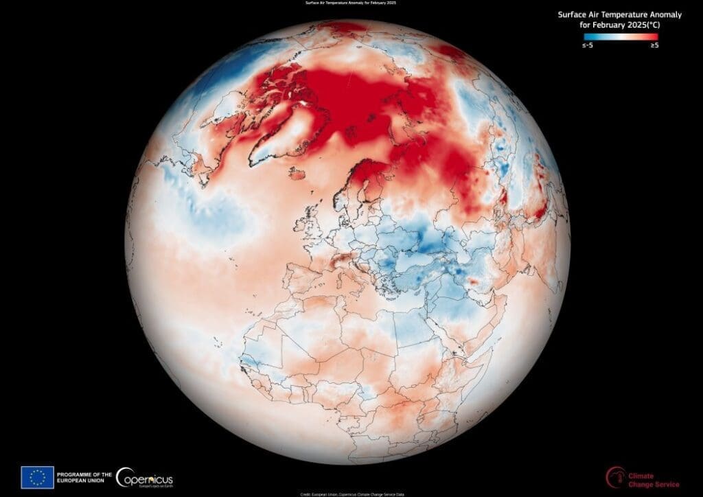 Image: Surface Air Temperature Anomaly for February 2025 (°C) (s. record, warmest on record, Climate Change)