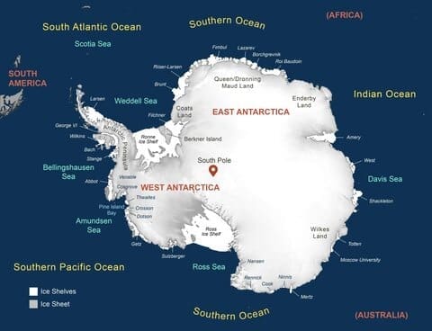 Image: This map of Antarctica shows the location of various Antarctic ice shelves in white; land is depicted in grey 