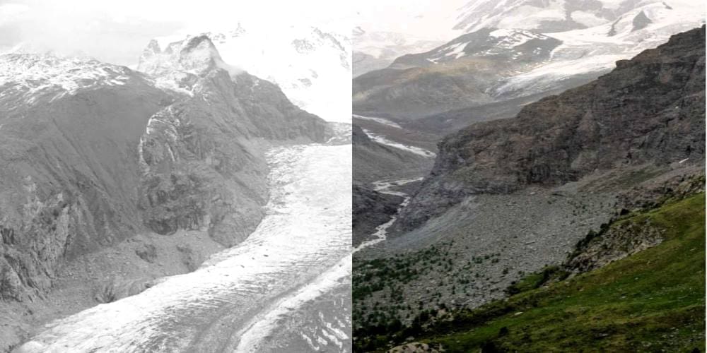 Image: A comparison of the Gorner Glacier in 1930 and in 2022 shows how much the glaciers in Switzerland have melted since 1930 (s. glaciers, climate)