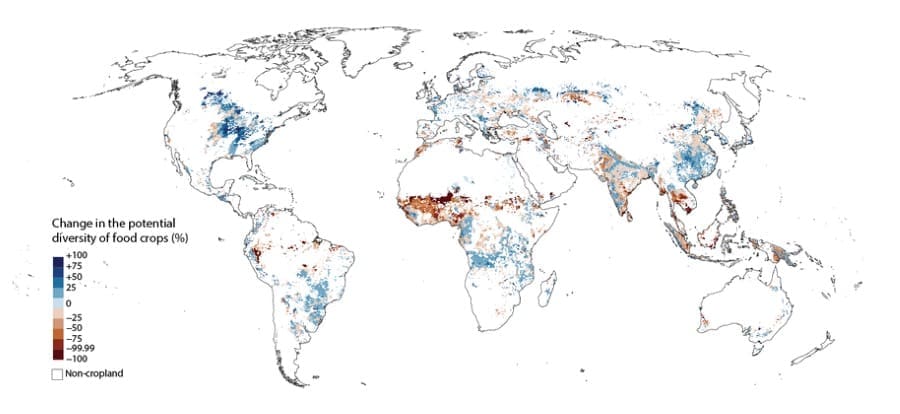 Image: The map show change in the potential diversity of food crops in +2C global warming scenario as compared to the situation at present (%) (s. food crops, climate)