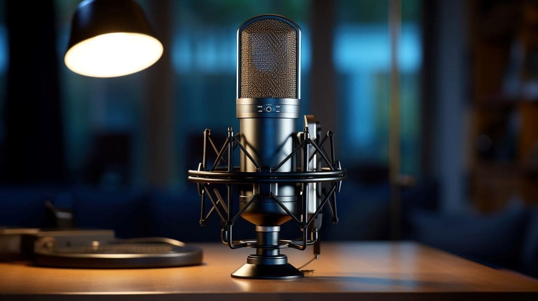 Image: A home studio's centerpiece the podcast microphone (s. climate)