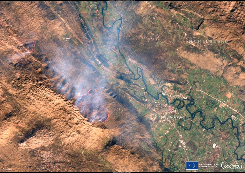 Image of the day: Wildfire spreads across Mount Garač, Montenegro Satellite Image: Mount Garač, Montenegro (s. wildfire)